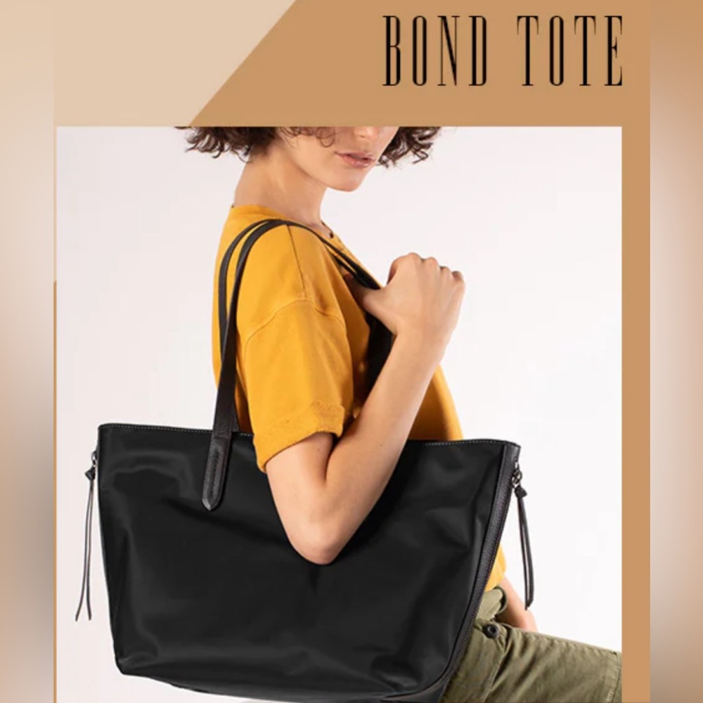 Tote Bag Black Leather Detail Side & Inside Zippers Nylon BOTKIER New York Bond